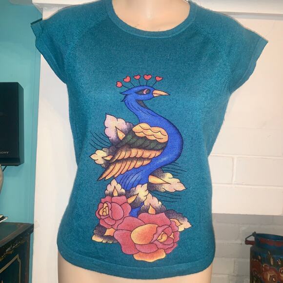 VINTAGE 90's AG AMAL GUESSOUS TEAL CASHMERE INTARSIA  SHORT SLEEVE SWEATER NWOT - Picture 7 of 8